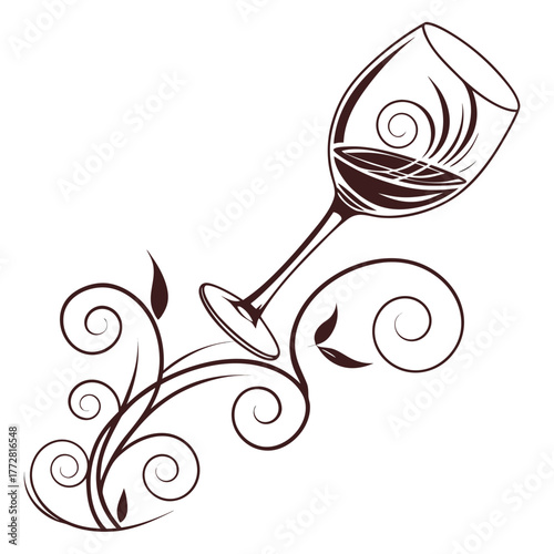 Wine Glass with Red Wine and Floral Swirls Illustration drink beverage