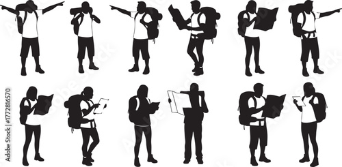 Dynamic set of black vector silhouettes showcasing explorers and hikers with backpacks and maps, embodying the spirit of travel, discovery, and outdoor adventure