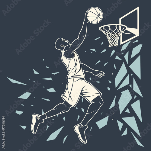 Basketball player dunking with shattered background effect Keywords: basketball, player, dunk