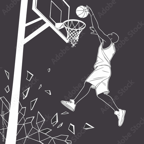 Basketball Player Dunking with Shattering Backboard Outline Keywords: basketball, player, dunk