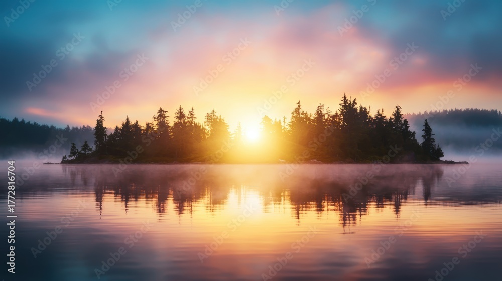 Fototapeta premium Tranquil Sunrise Over a Serene Lake with Island Surrounded by Lush Trees and Vibrant Colors of Nature
