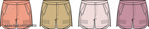 Collection of men's casual shorts in various colors. Apparel design template and technical flat sketch for clothing production