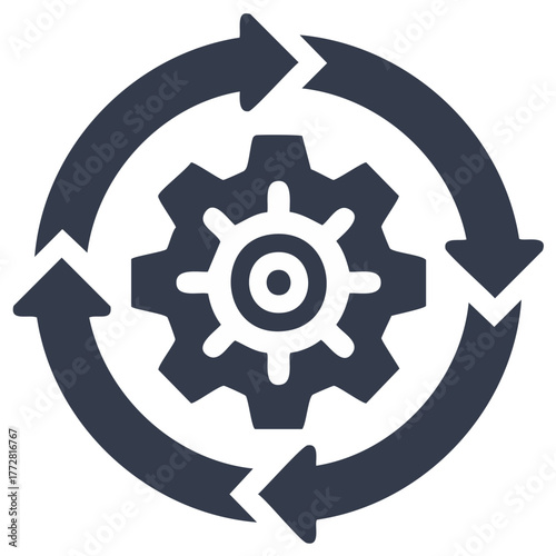 Gear with circular arrows indicating a continuous cycle or process, symbolizing workflow or operation