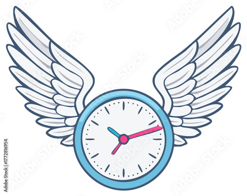 Flying clock illustration with wings and minute, hour hands showing time