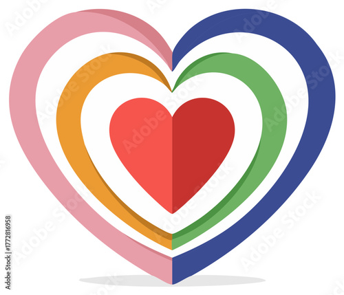 Stylized graphic of multiple vibrant colorful hearts nested together creating a layered three dimensional effect representing love and emotion