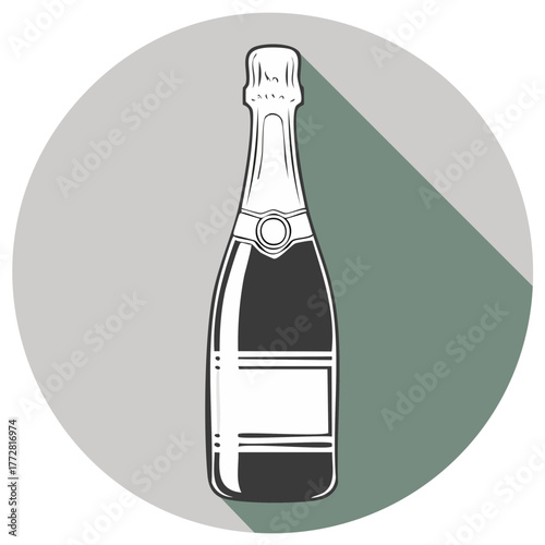 Elegant champagne bottle flat design illustration with long shadow for celebration