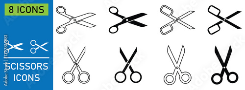 Collation of simple silhouette and line open scissors icon. Black scissors icons set ill and outline style. Barber scissors icon. scissors for cutting. Vector illustration.