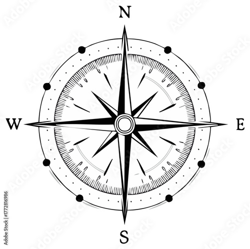 Black and white compass rose illustration with cardinal directions for navigation guidance