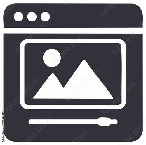 Digital window displaying landscape image with slider control and navigation dots