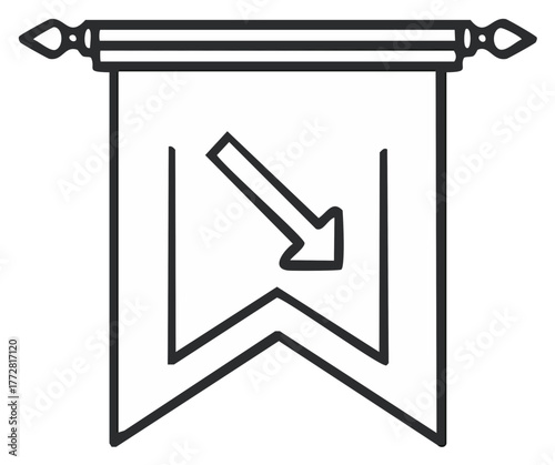 Line art illustration of a hanging banner flag with a diagonal downward arrow and W shape