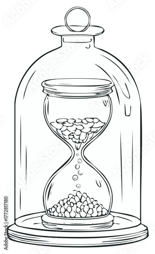 Stylized hourglass with flowing grains under bell jar time passing illustration