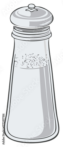 Salt shaker illustration featuring gray hues and a classic design filled with seasoning flakes
