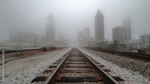 Mysterious fog blankets Atlanta skyscrapers and train tracks creating an eerie atmosphere.