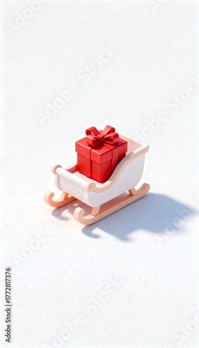Mini sleigh carrying a single red gift, cute 3D toy style, minimal Christmas decoration on white background