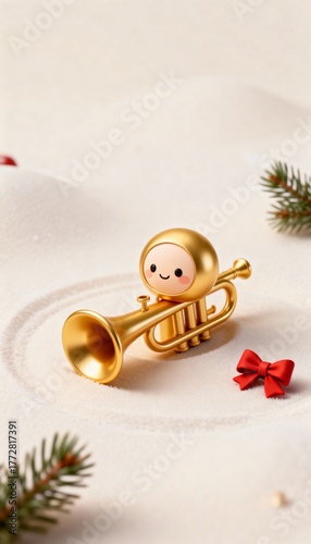 Little golden trumpet toy with cute face in minimal 3D Christmas and New Year festive scene