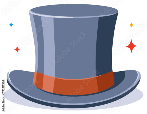 Classic gray top hat with an orange ribbon and magic sparkles vector illustration