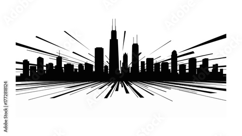 Dynamic Cityscape Silhouette: An abstract cityscape, rendered in stark black lines, projects a dynamic sense of urban energy and architectural ambition.