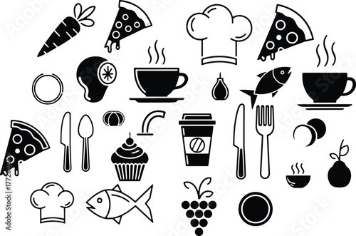 Assortment of food related vector graphics and icons black and white