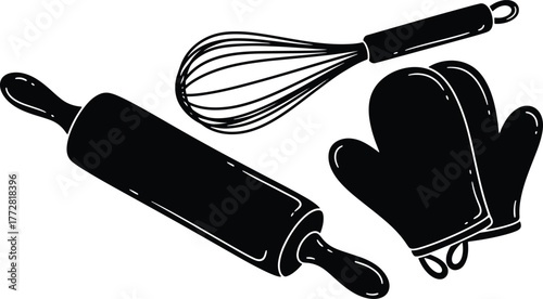 Baking tools icons with rolling pin whisk and oven mitts design