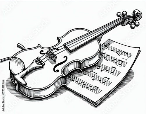 Classic Violin and Sheet Music Black and White Illustration