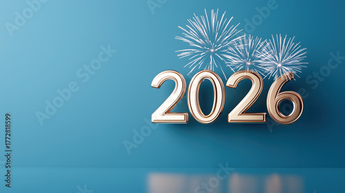 thin golden metal number 2026, with fireworks in the blue background