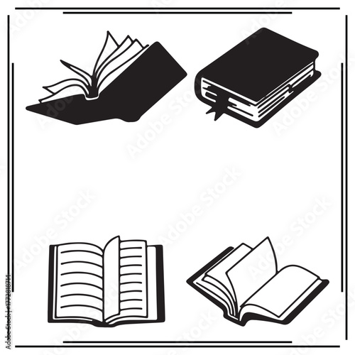 Set of Black Silhouetted Books - Open and Closed Book Illustrations, Vector Icons for Reading, Education, Knowledge, Library, and Bookstore