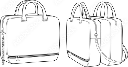 Briefcase bag technical sketch, fashion accessory vector, structured handbag design, CAD drawing, flat illustration, zipper detail, shoulder strap, top handle, compartment view