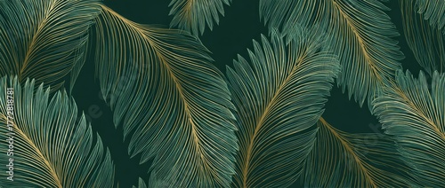 Elegant illustration of overlapping green feathers with gold detailing on a dark background