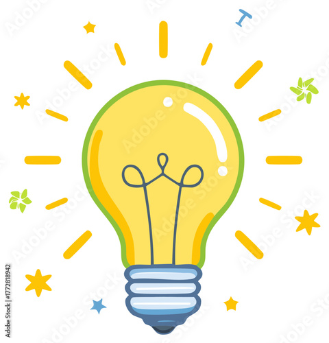 Cartoon Light Bulb Radiating Ideas, Innovation, Bright Concept, and Creativity