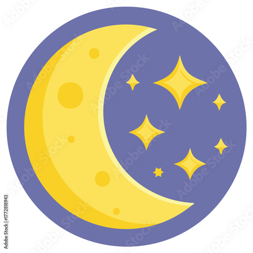Vector Crescent Moon and Stars with Night Sky in Circular Design for Kids Illustrations
