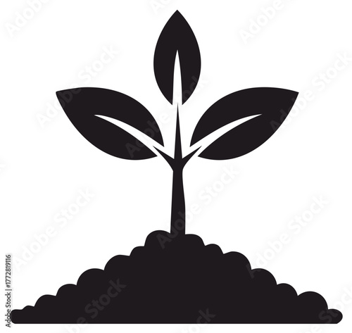 Black silhouette of a young plant growing from fertile soil in a simple graphic style
