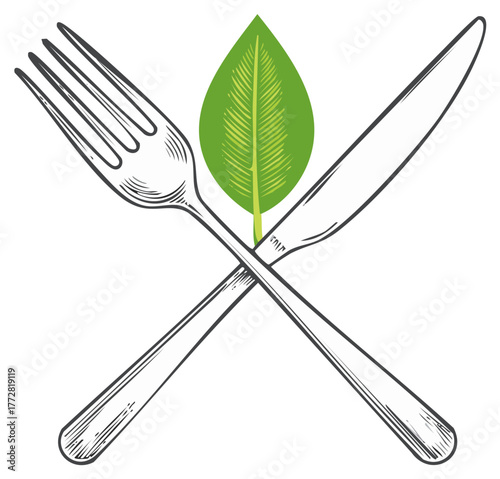 Crossed silverware with green leaf illustration representing healthy eating and vegan food diet