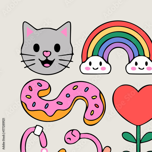 Playful Cartoon Icons: Cat Rainbow Donut Heart and Worms.