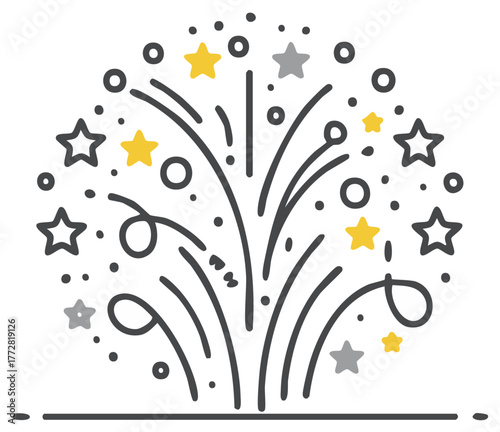 Simple line art illustration of a festive firework burst with stars and confetti for celebrations.