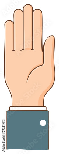 Raised hand in suit sleeve for stop gesture or high five request