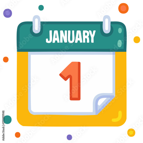 Colorful flat icon of a calendar showing January 1 for New Year's Day holiday concept