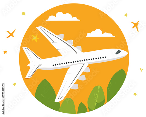 Flat design commercial airplane flying over green trees in a bright orange sky with clouds and stars travel concept