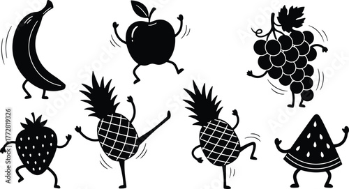 Cartoon fruit characters dancing and moving in a fun way design