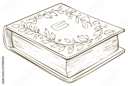 Illustrated Closed Book with Leaf Pattern Vintage Style Drawing Graphic Design element
