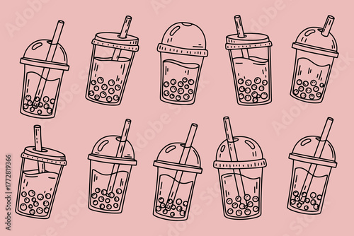 Bubble tea pattern design with tapioca pearls and straw illustration