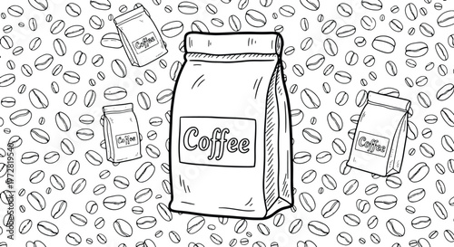 Coffee Beans and Bag Illustration Black and White Doodle Style Image