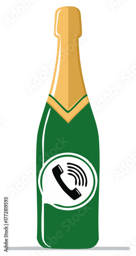 Sparkling wine bottle with telephone message icon representing digital communication