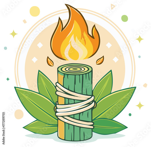 Burning Sage Stick with Leaves Spiritual Cleansing Ritual for Purifying Space