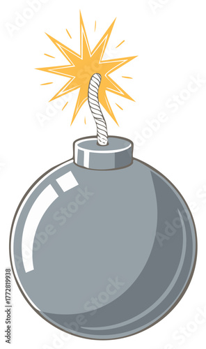 Classic cartoon bomb with a lit fuse sparkling and getting ready to explode