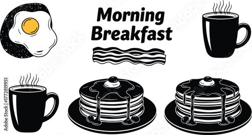 Delicious Morning Breakfast Illustration with Fried Egg Pancakes Bacon and Coffee