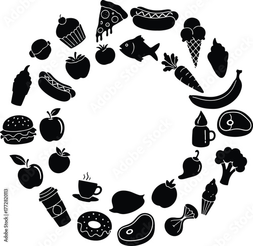 Diverse food vector illustration collection in a circular arrangement graphic