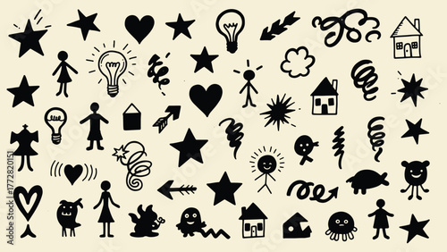 Doodle sketch seamless pattern of various objects and design elements