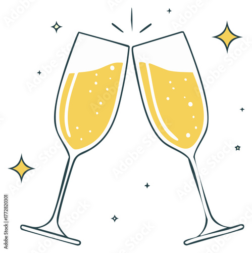 Festive illustration of two champagne flutes clinking, with stars