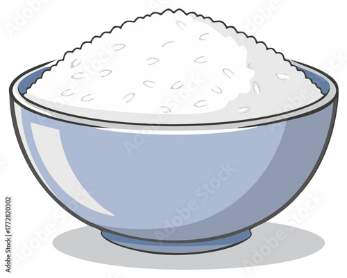 Blue bowl filled with fluffy cooked rice illustration. Single serving of plain white rice in cartoon vector design.
