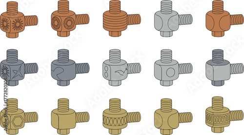 Mechanical bolt head collection, fastener design vector, industrial hardware illustration, threaded screw concept, engineering detail, cad drawing flat vector illustration